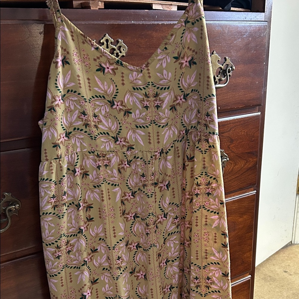 Floral Spaghetti Strap Dress in Olive with Pink Print